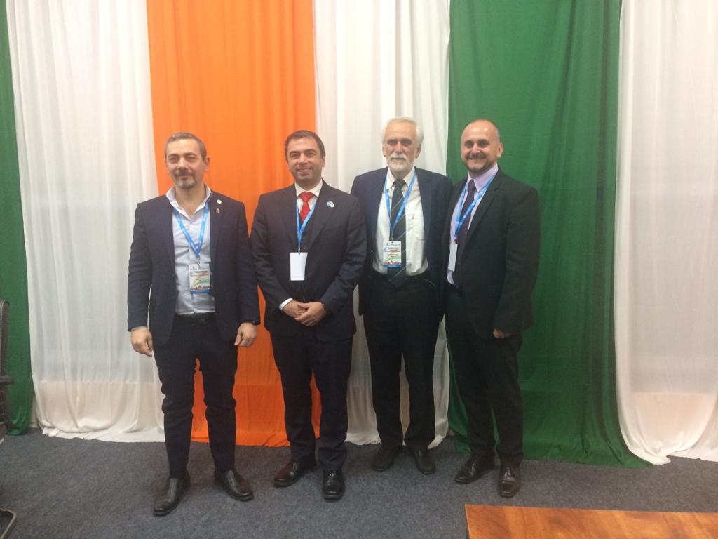 The four HTAD Chairs together during the 4th WHO Global Forum on Medical Devices in 2019 in Visakhapatnam, India: Ernesto Iadanza (2018–2022), Leandro Pecchia (2015–2018), Nicolas Pallikarakis (2012–2015), and Murilo Contó (2022–2025).